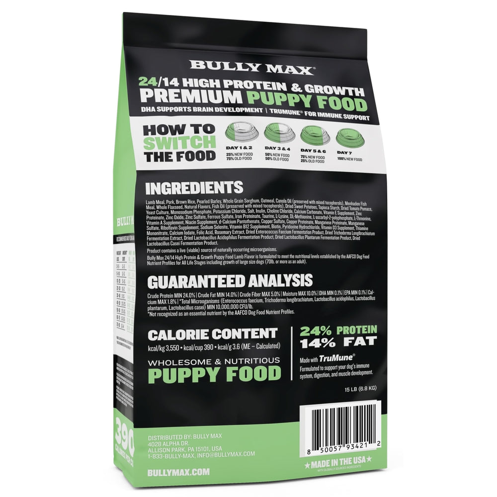 Bully Max Comida Cachorros 24/14, etiqueta verdadera para transparencia de ingredientes.