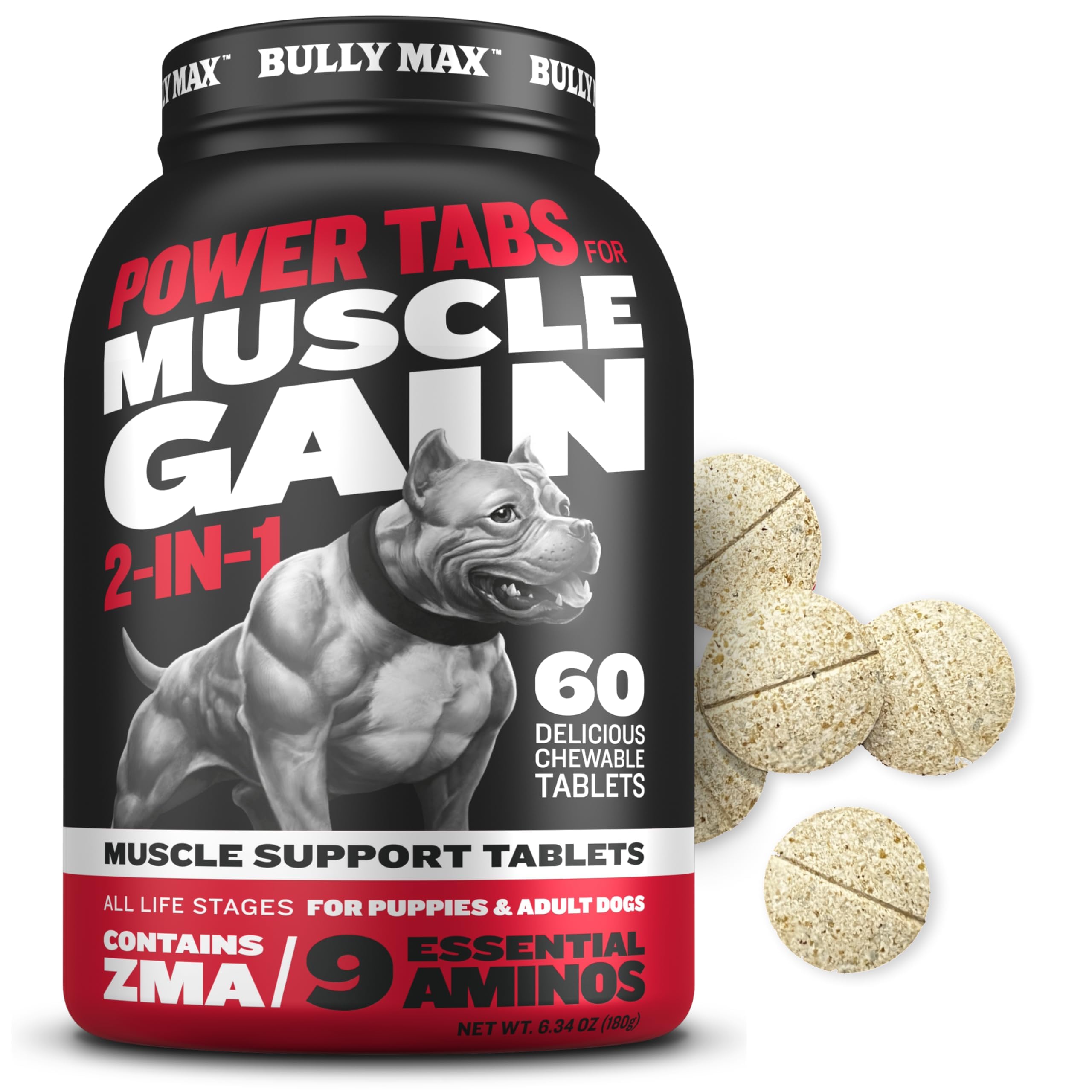Bully Max: empaque de tabletas musculares para perros y cachorros favoreciendo el crecimiento
