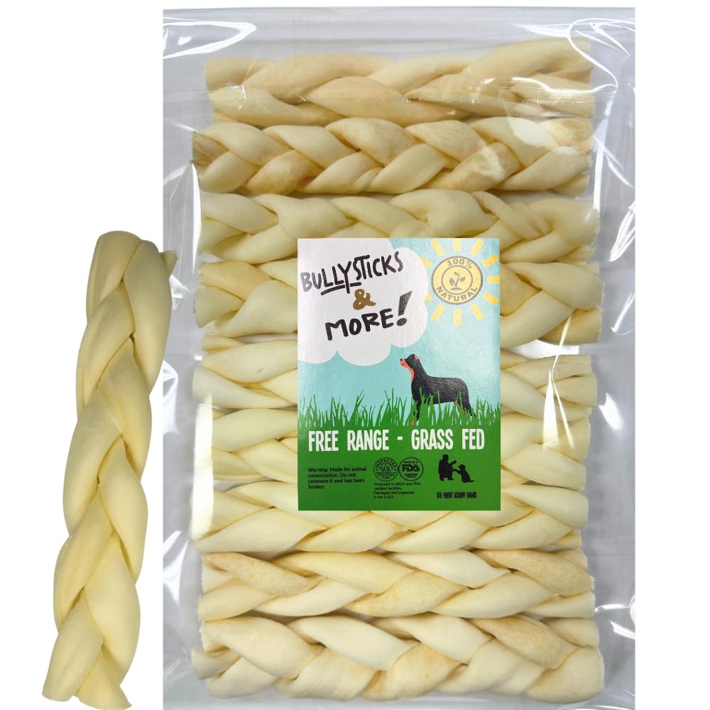 BULLYSTICKS & MORE Beef Cheek Braids en plato, ideal para masticación prolongada.