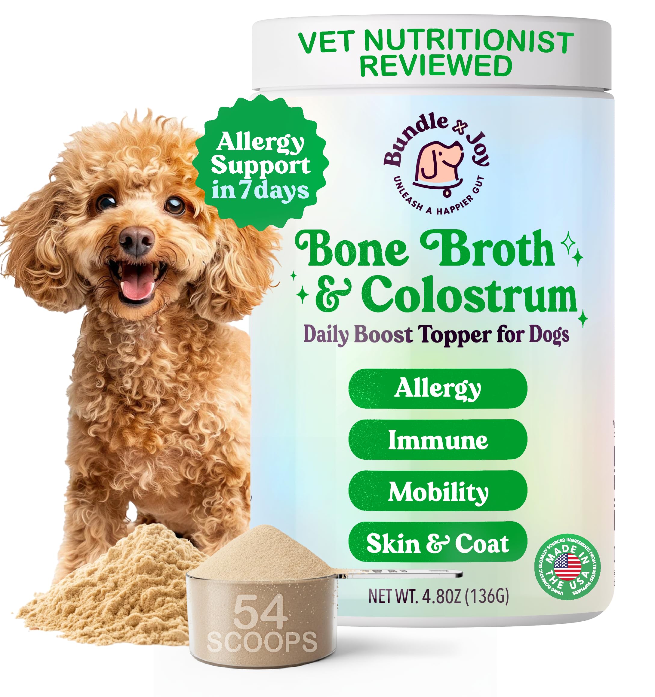 Bundle x Joy caldo de huesos de res en polvo para perros, apoya la digestión.