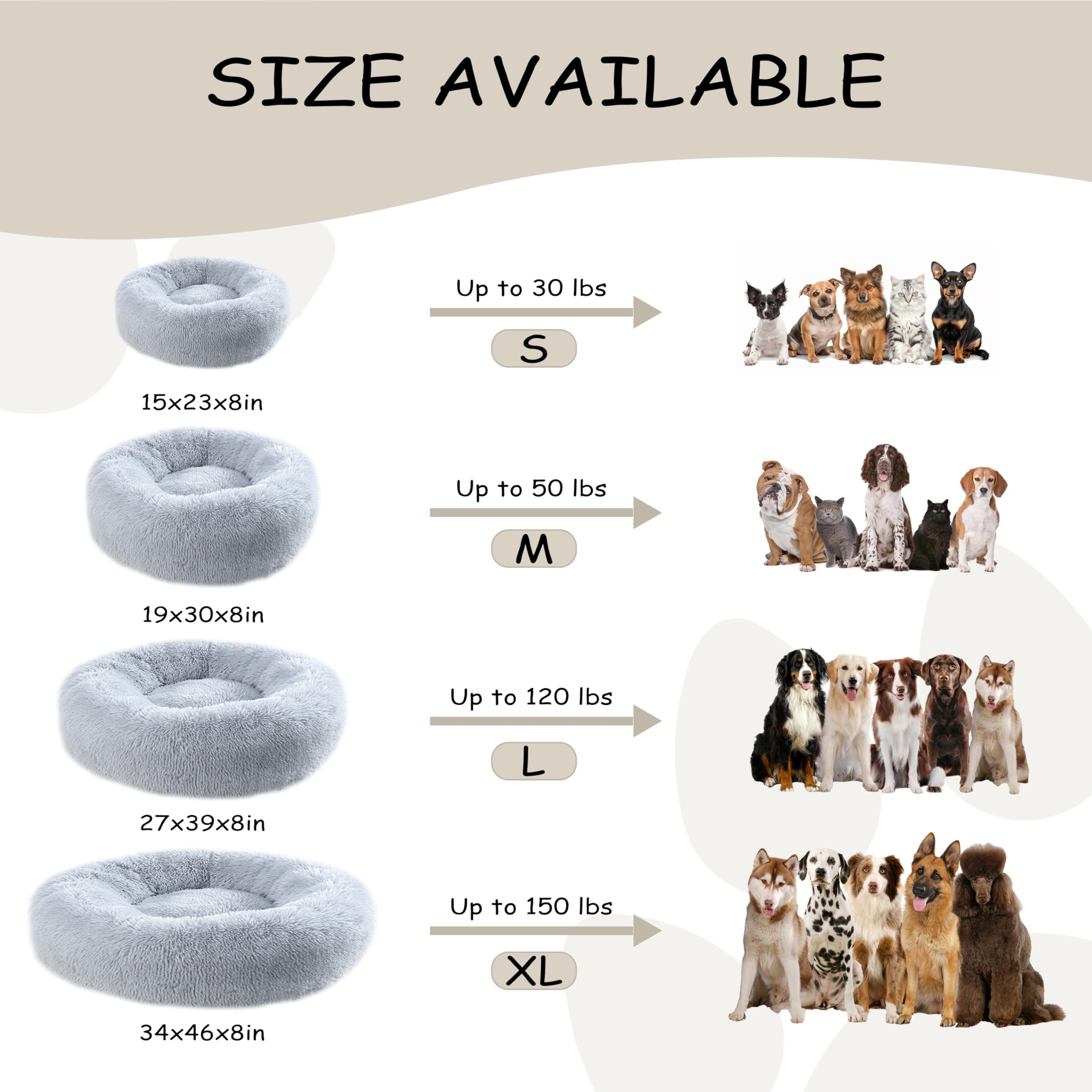 Tallas disponibles de la cama Bunlitent para perros de distintos tamaños.