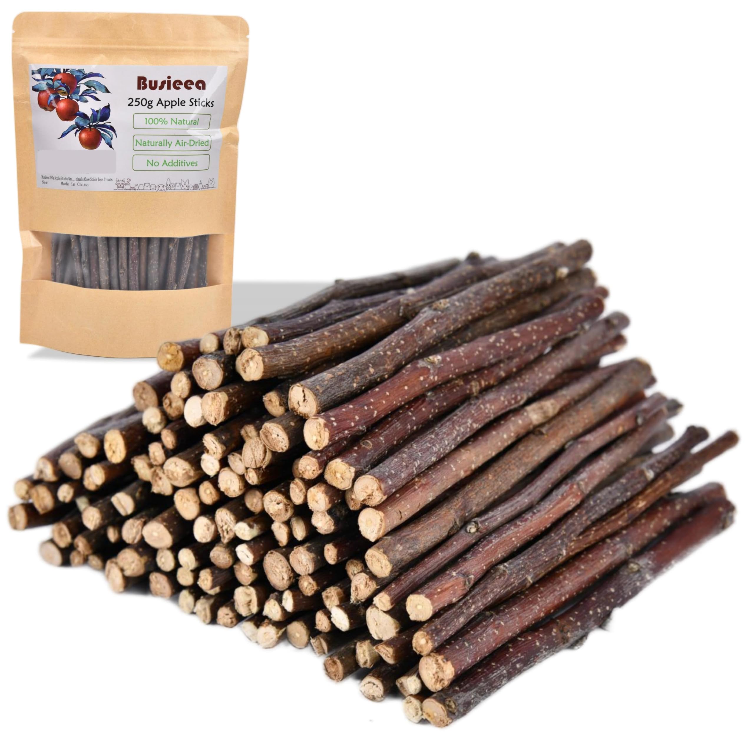 Busieea Palitos de Manzana: empaque frontal de 250 g, opción natural para entretenimiento de roedores.