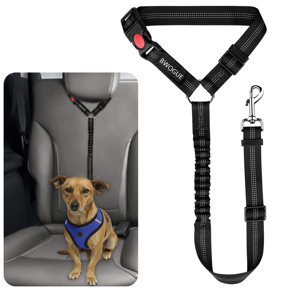 BWOGUE Correa seguridad para perro fijada al cabezal del coche para viajes más seguros