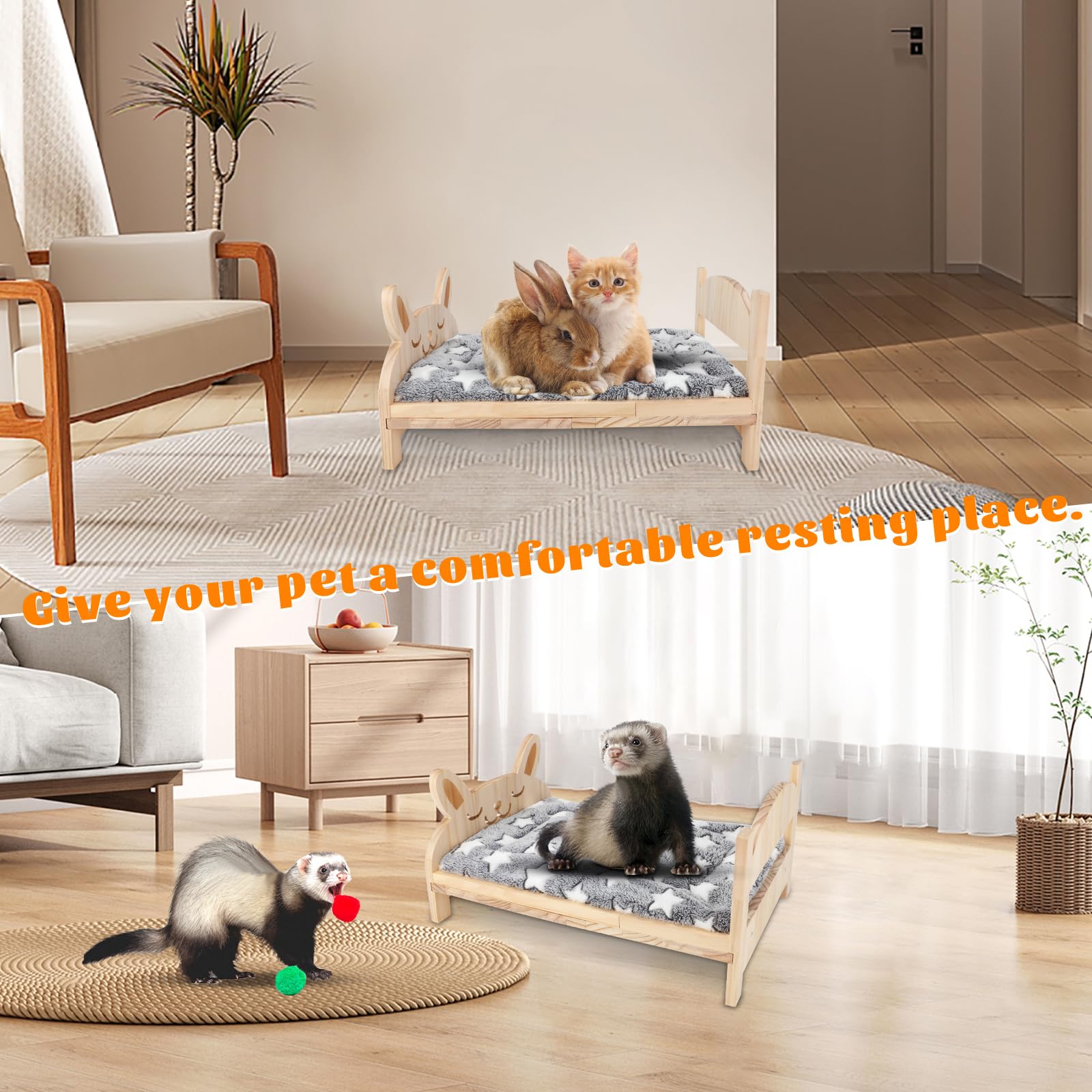 BWOGUE cama de madera para conejos, descanso cómodo para varias mascotas.