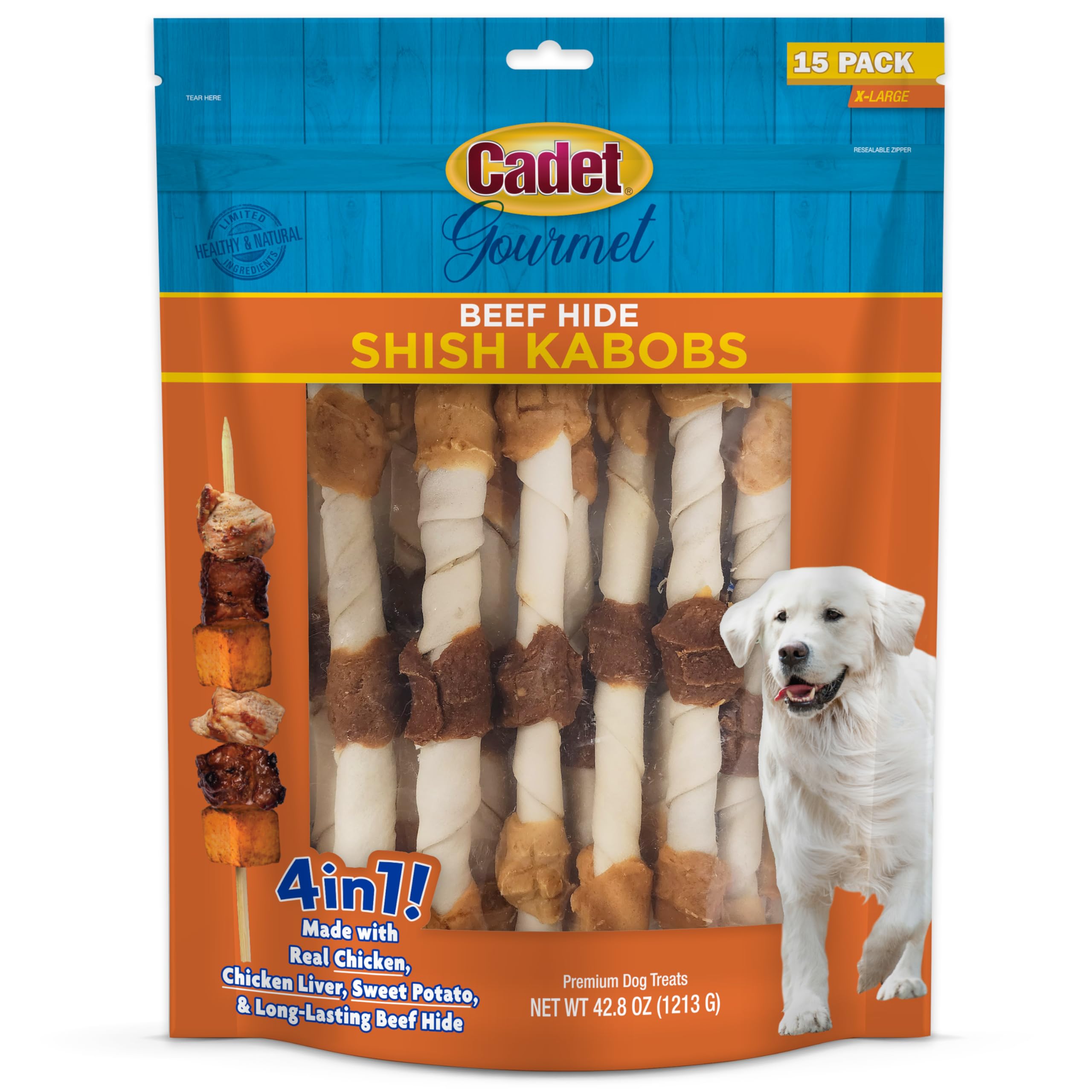 Cadet Gourmet Kabobs de Piel de Res, 10 pulgadas, para perros grandes, masticación prolongada.