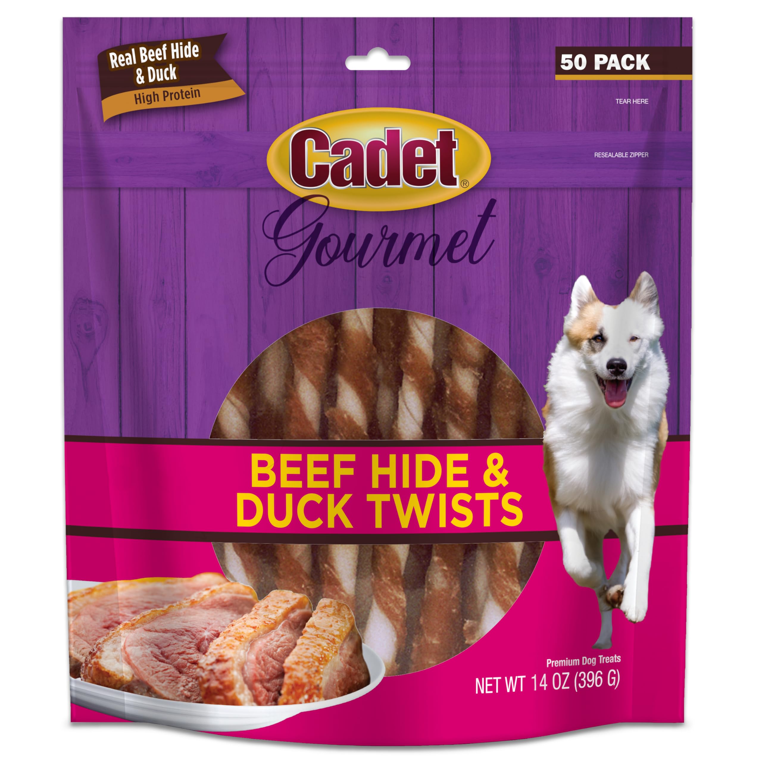 Cadet Gourmet, piel de res twist pato, empaque práctico para mantener ocupado al perro.