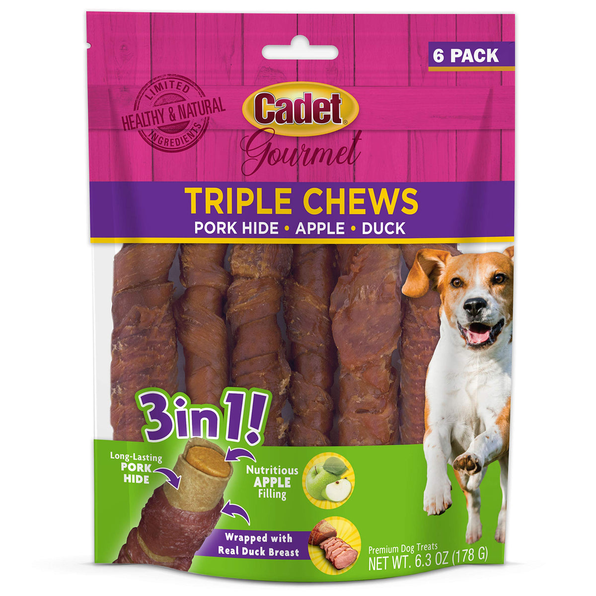 Cadet Gourmet Triple Chews en empaque visible, ideal para premiar perros.