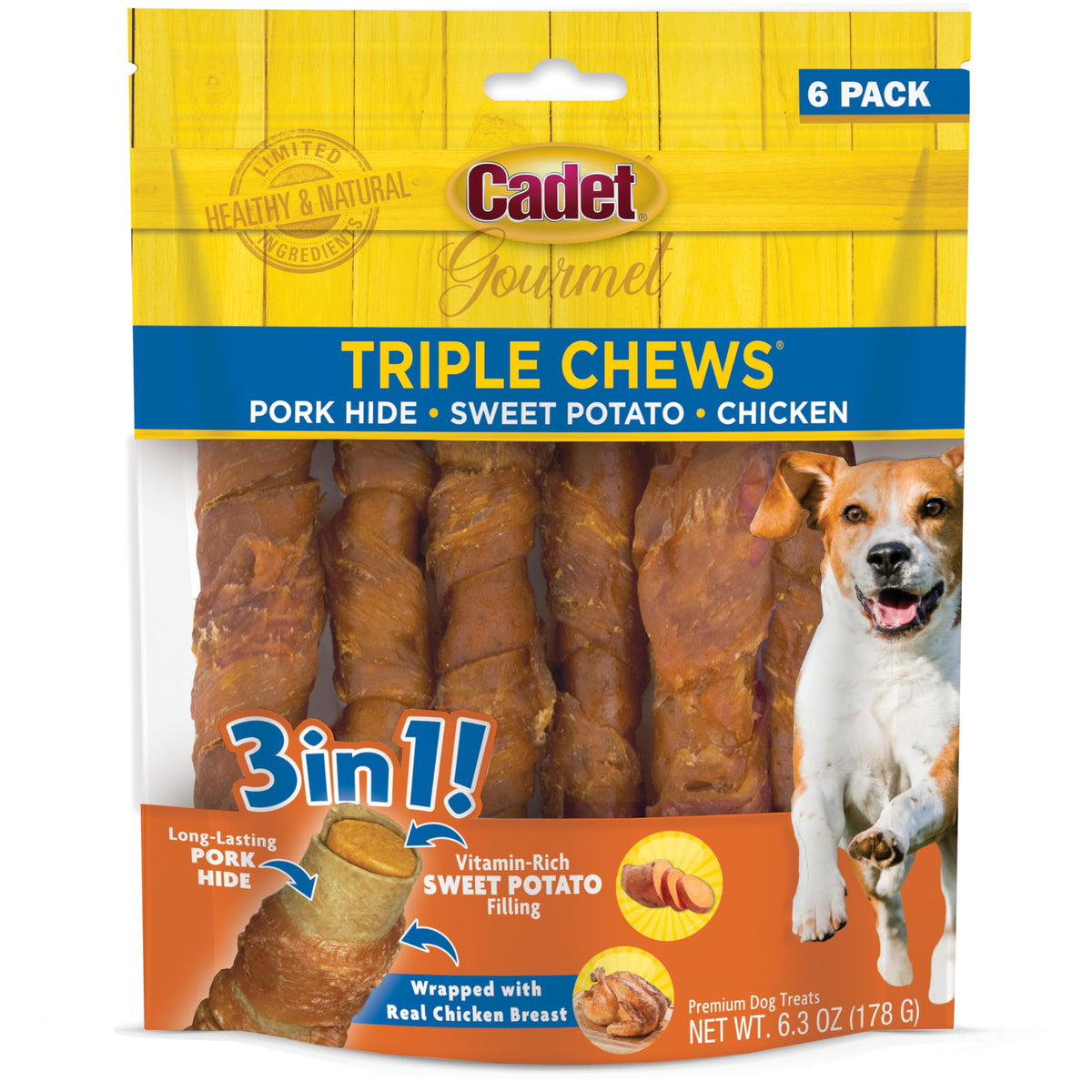 Cadet Gourmet Triple Chews muestra piel de cerdo de larga duración para masticación prolongada.
