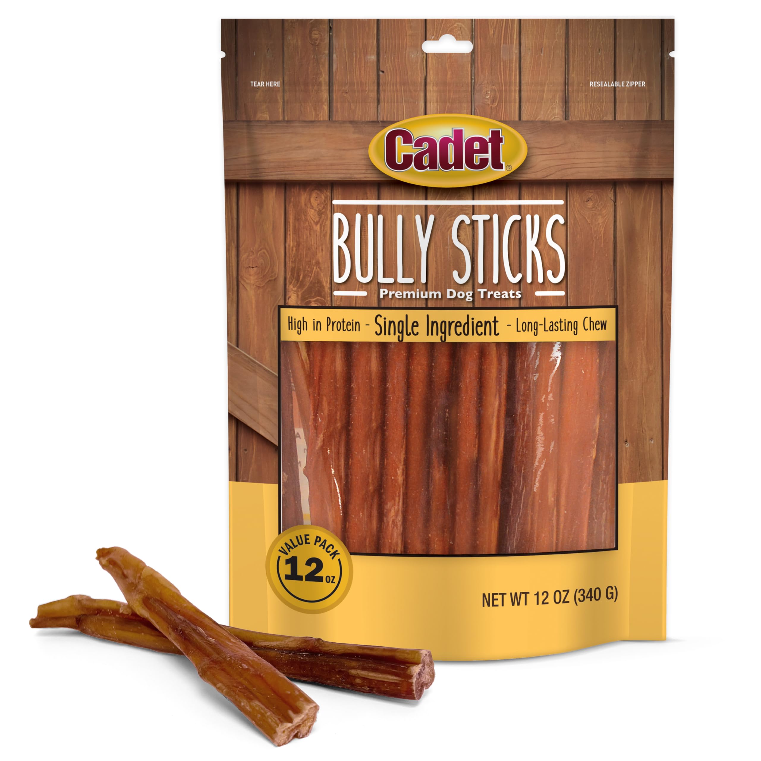 Cadet palitos bully de res 12oz, premio sabroso para perros pequeños.