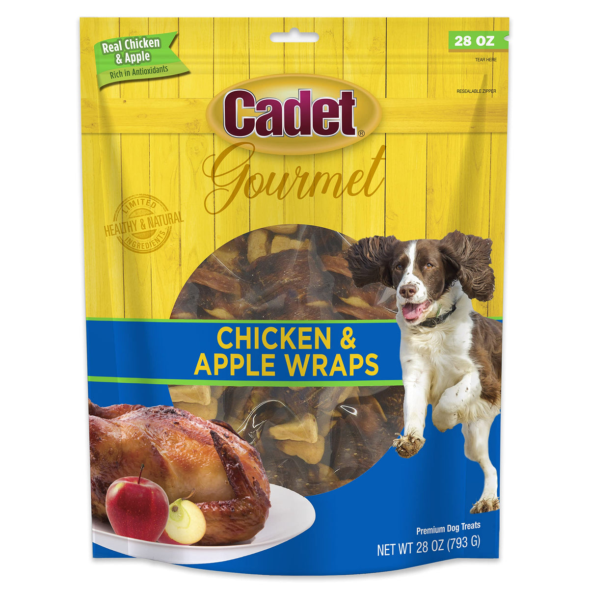 Cadet Premios envueltos pollo y manzana en empaque, snack natural para perros.