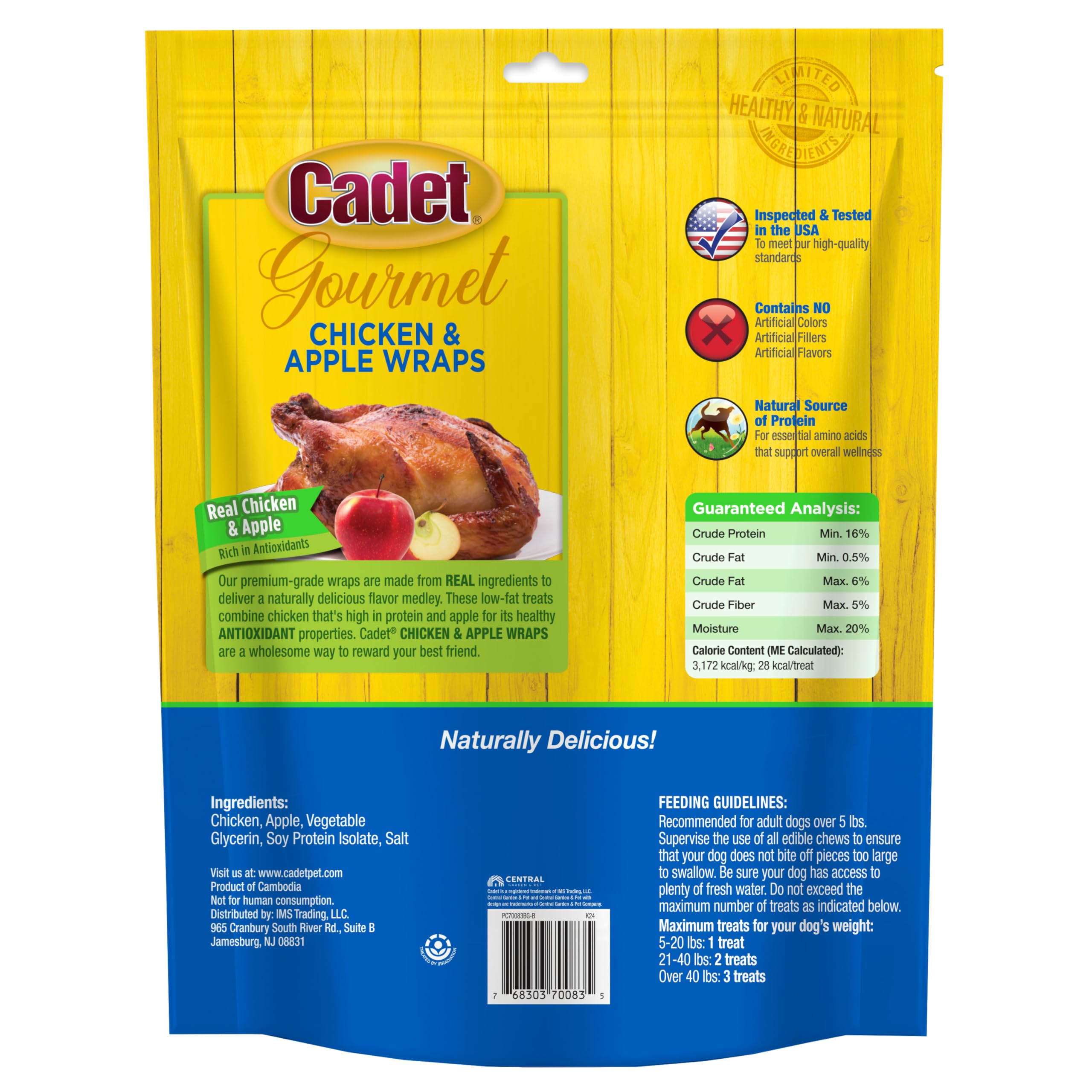Cadet Premios sabor pollo y manzana, ideal para entrenar y premiar.