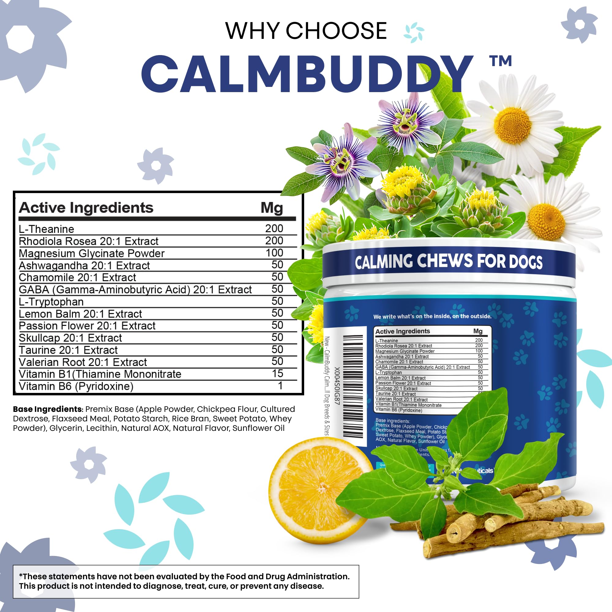 Calmbuddy etiqueta ingredientes, transparencia sobre la fórmula calmante para perros.