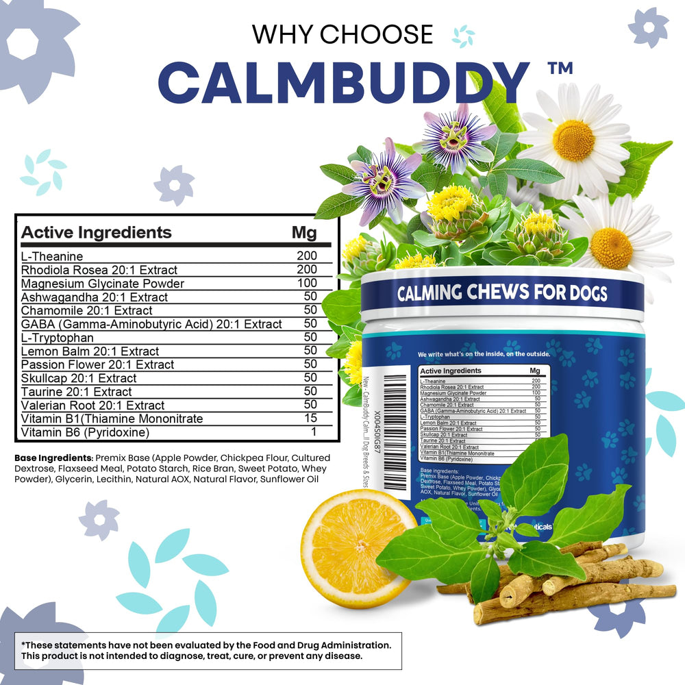 Calmbuddy etiqueta ingredientes, transparencia sobre la fórmula calmante para perros.