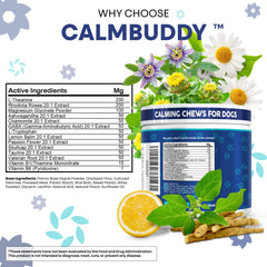 Calmbuddy etiqueta ingredientes, transparencia sobre la fórmula calmante para perros.