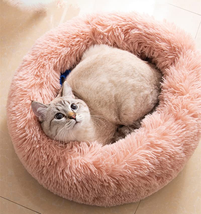 Cama gato redonda de peluche rosa 24x24 para relajación cómoda