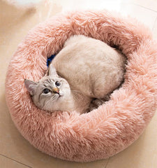 Cama gato redonda de peluche rosa 24x24 para relajación cómoda