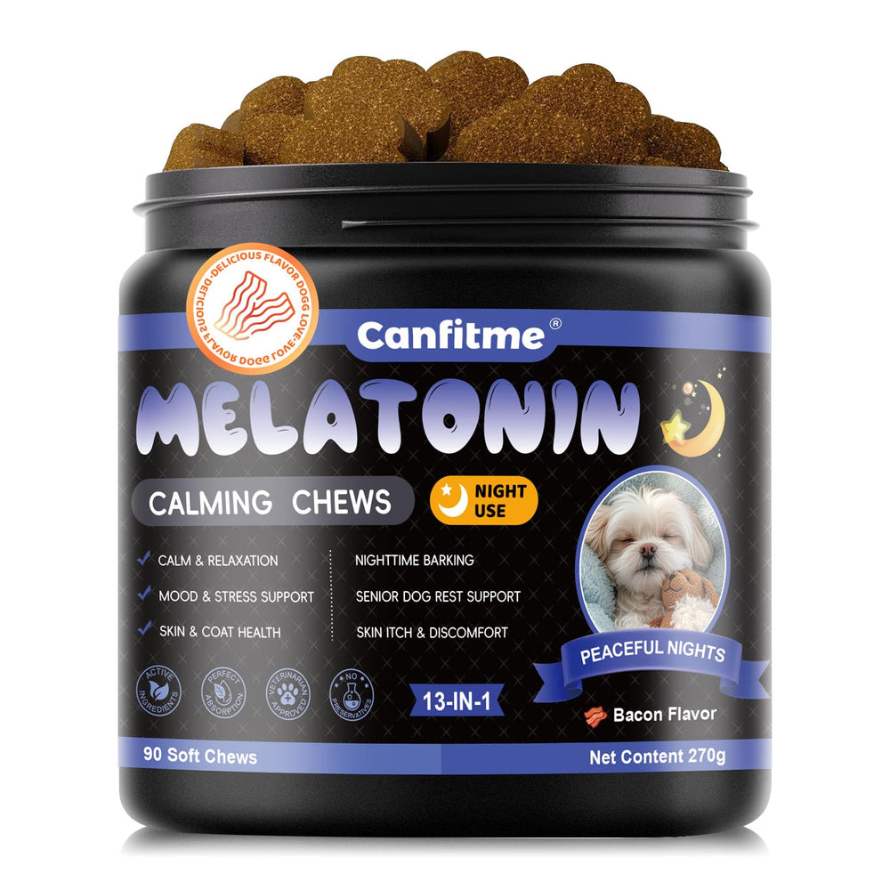 Canfitme Melatonina para perros, bocaditos sabor bacon, promueven relajación nocturna