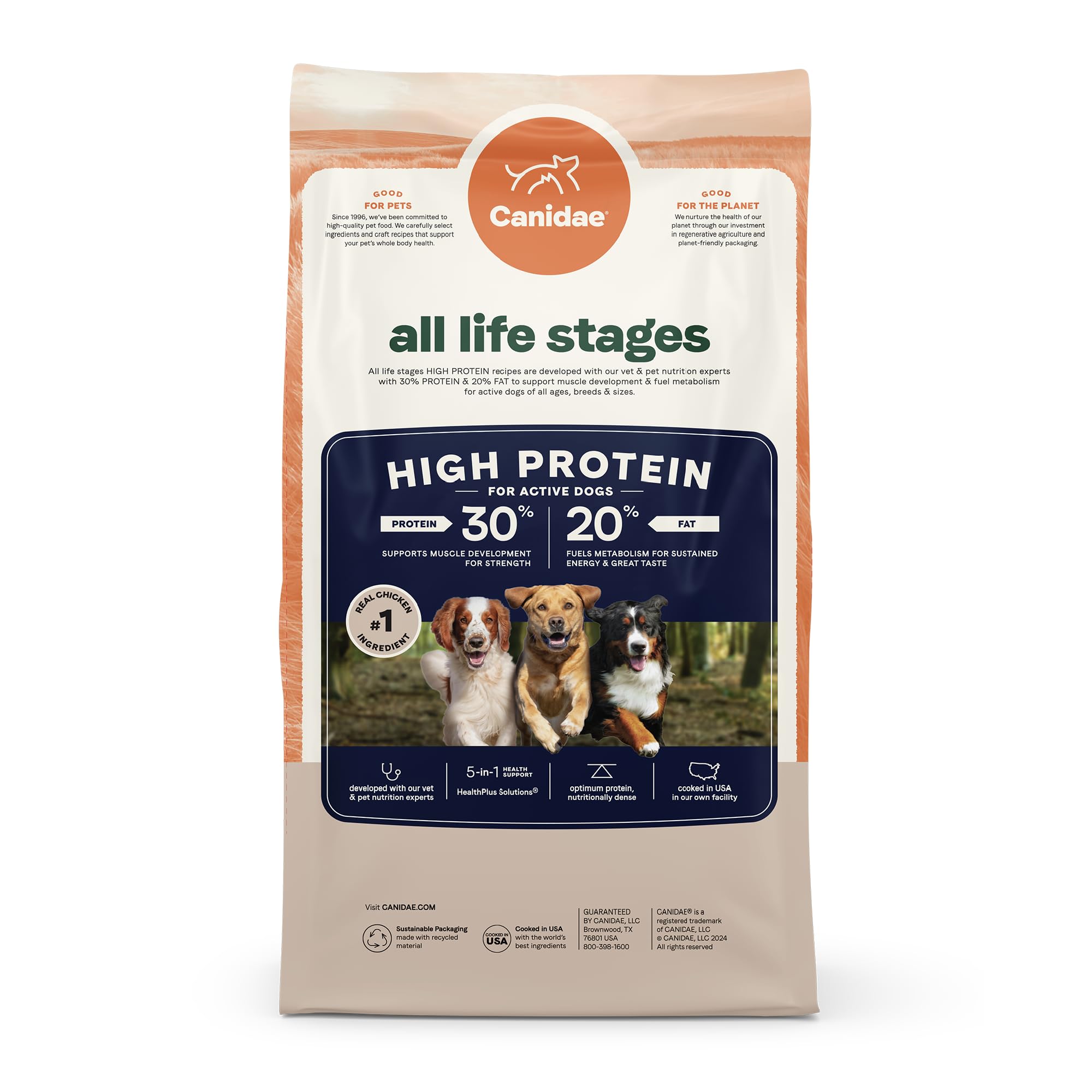 CANIDAE dieta multi-proteína para uso diario de perros activos.