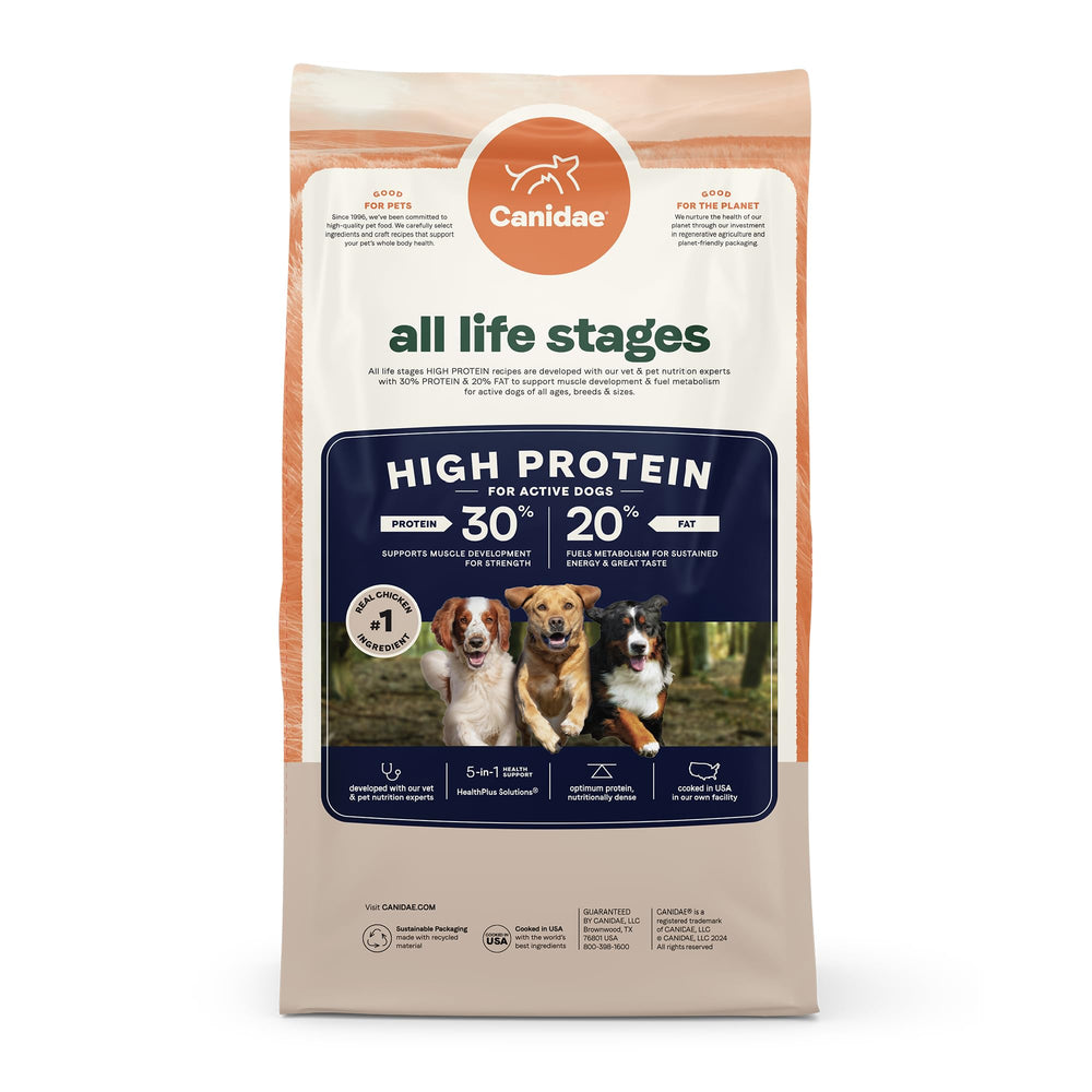 CANIDAE dieta multi-proteína para uso diario de perros activos.