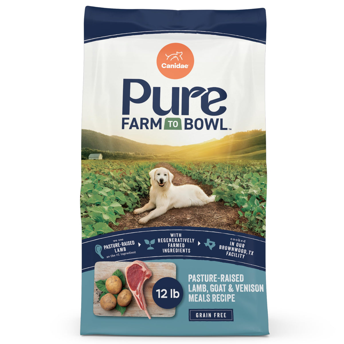 CANIDAE Pure cordero criado en pastos, proteína principal para perros activos.