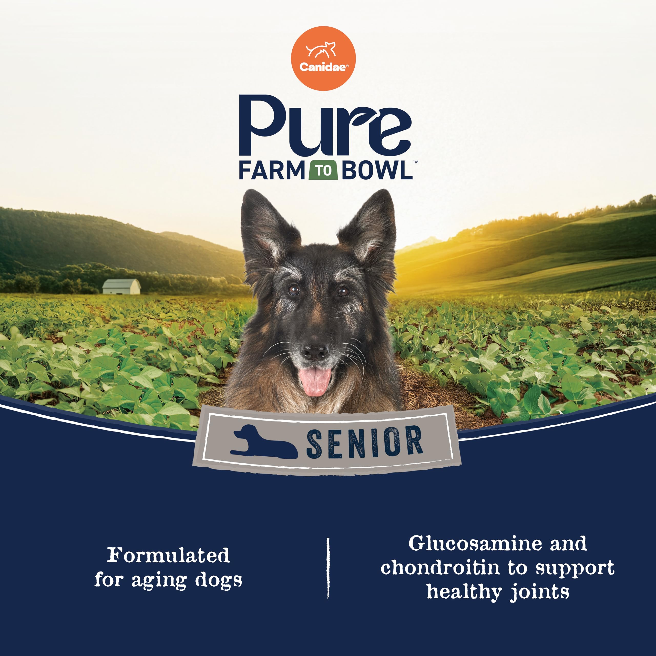 CANIDAE Pure Farm to Bowl lista de 10 ingredientes, sin maíz, trigo ni soja.