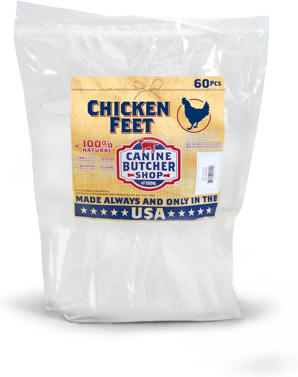 Canine Butcher Shop: paquete de 60 patas de pollo para perros, snack natural.