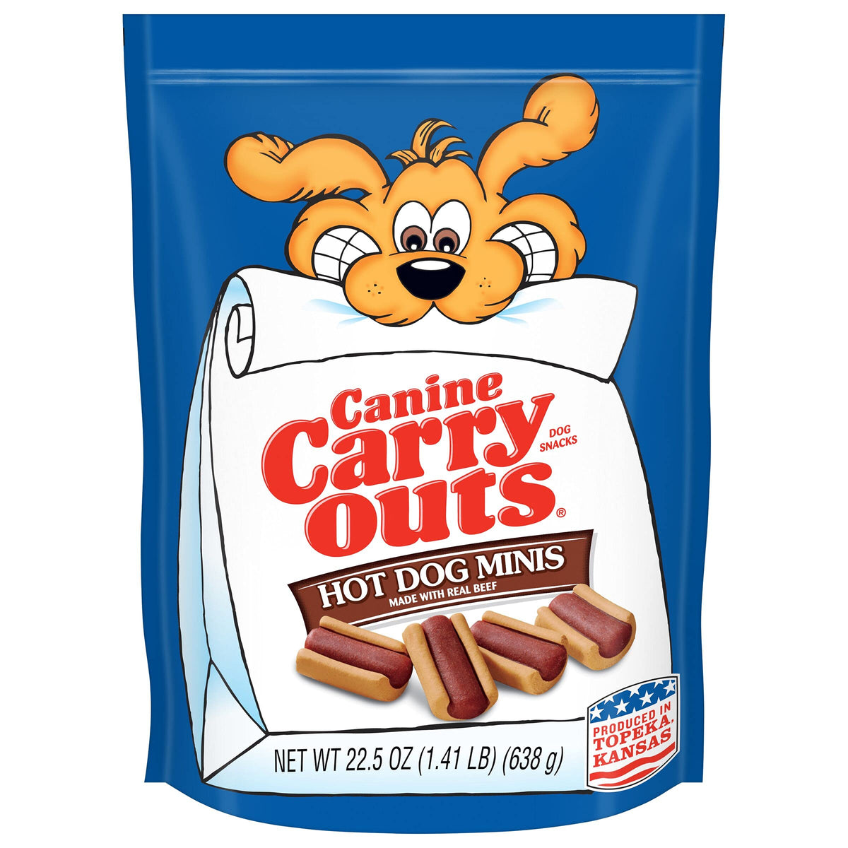 Canine Carry Outs Hot Dog Minis muestra la bolsa exterior para premiar al perro.