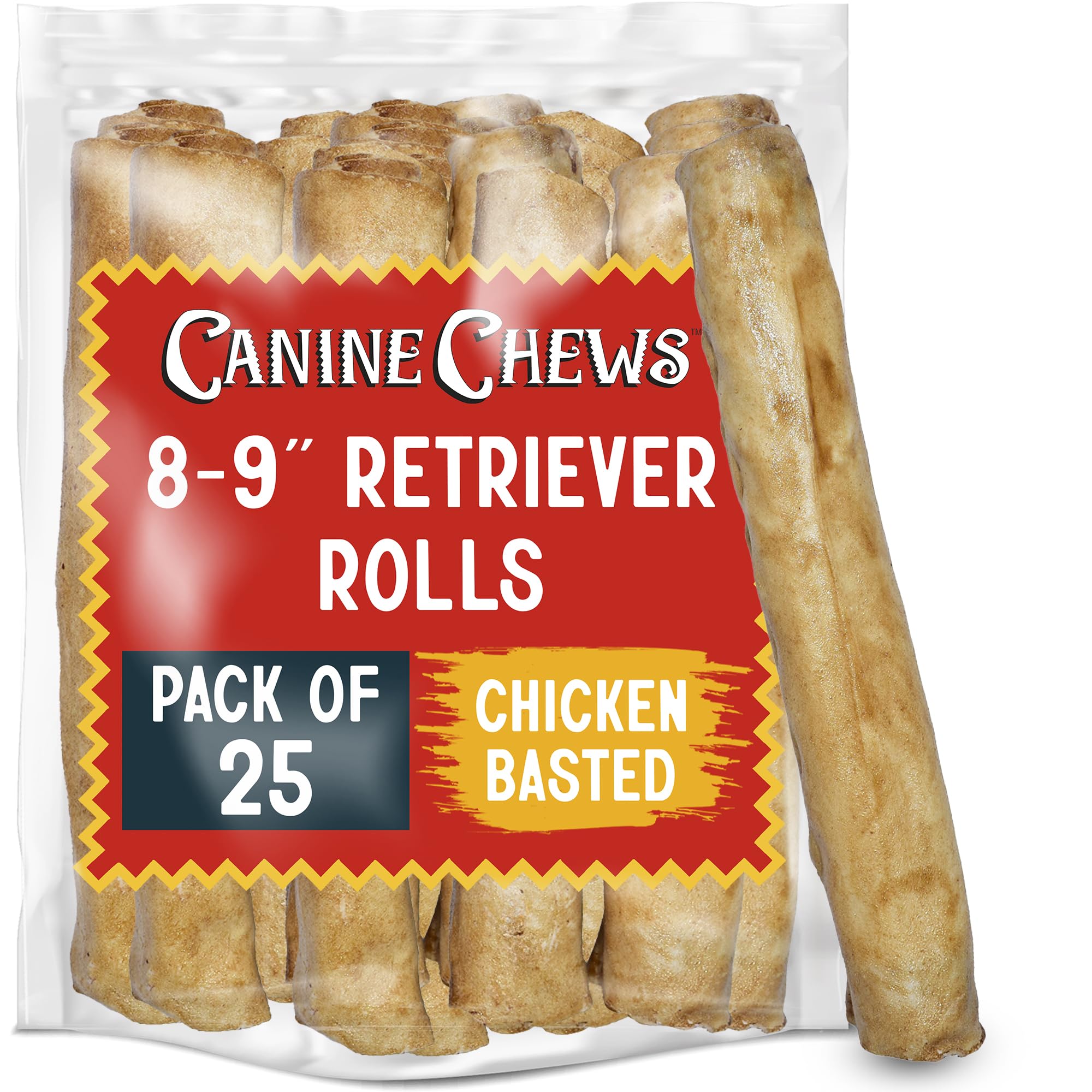 Canine Chews: rollos de pollo recubiertos, lista para premiar durante el paseo.