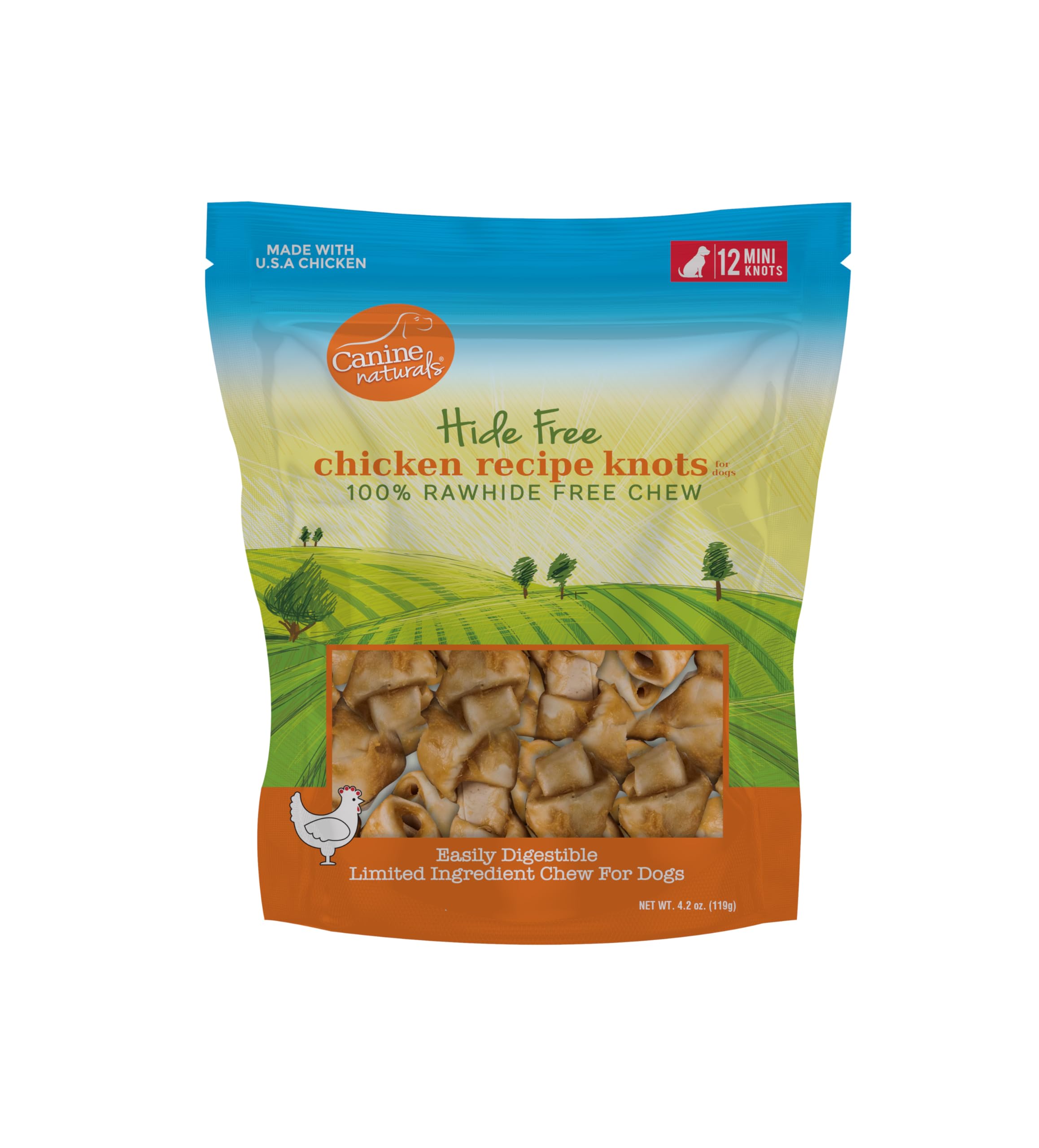 Canine Naturals nudos mini pollo EEUU, sabor resistente y masticación segura para perros pequeños.