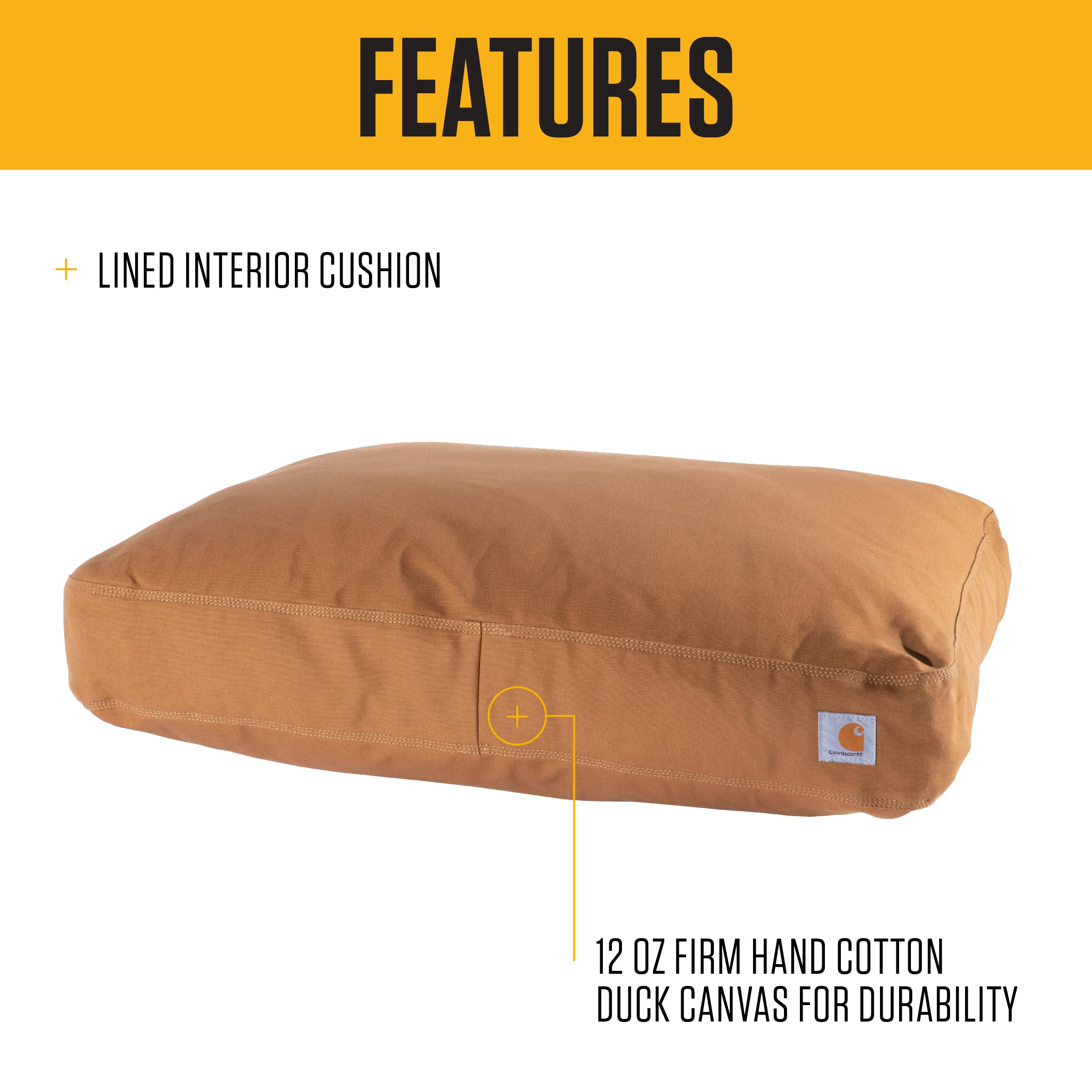 Carhartt cama para perros, vista lateral, acabado resistente para perros activos.