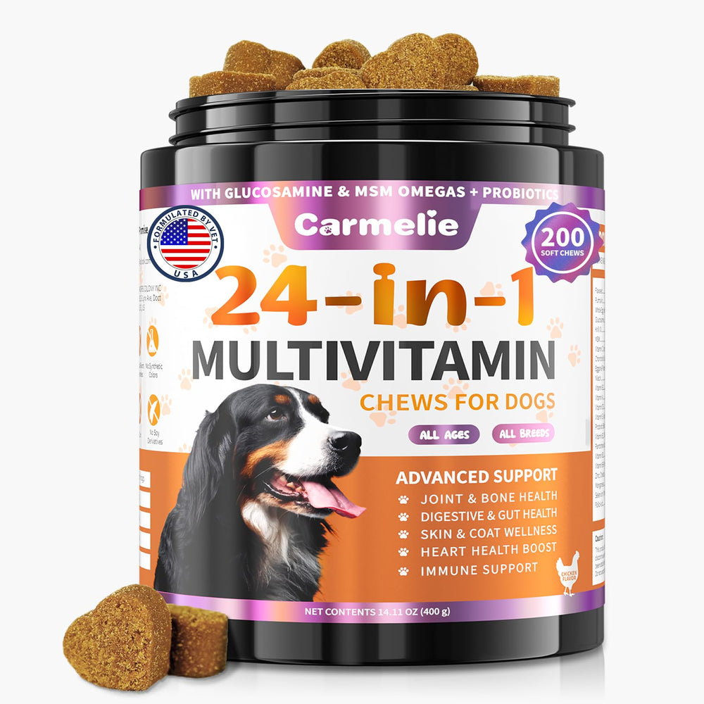 Carmelie vitaminas para perro 24 en 1 en frasco, soporte nutricional general.