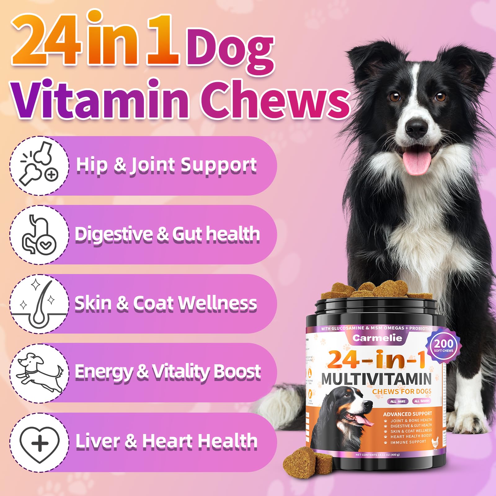 Carmelie vitaminas para perro con glucosamina y probióticos, favorece movilidad y digestión.