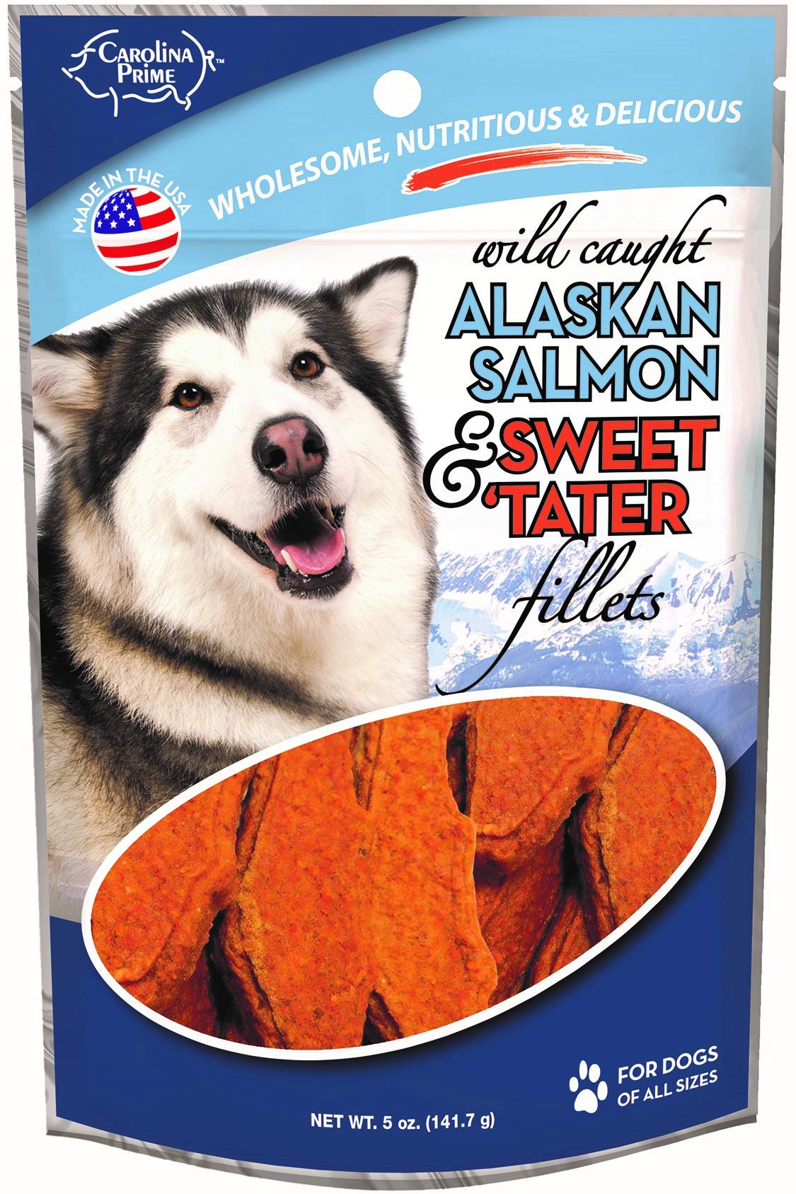Carolina Prime Pet filetes de salmón y batata para perros en bolsa, snack sabroso para entrenar