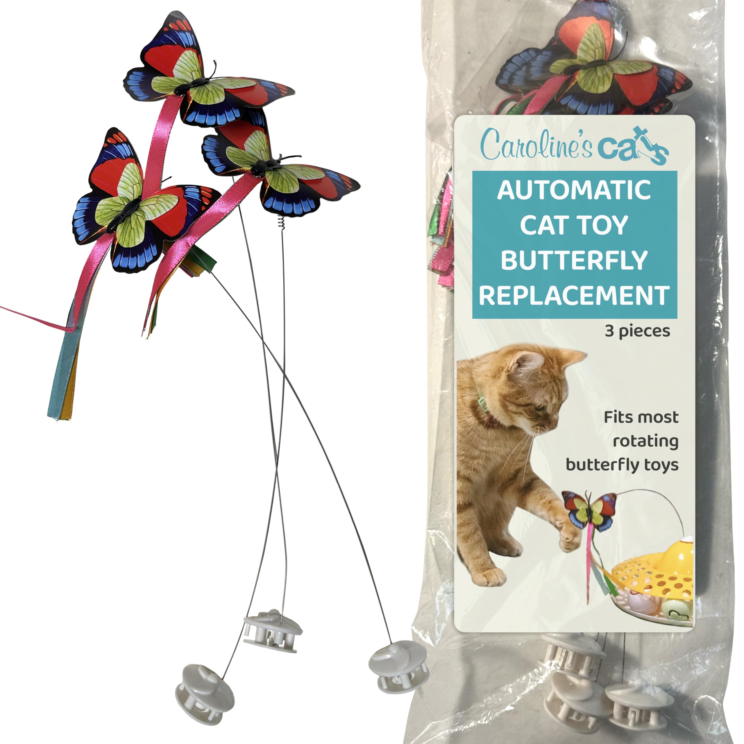Caroline's Cats rellenos mariposa, pack de 3, ideal para entretenimiento continuo.