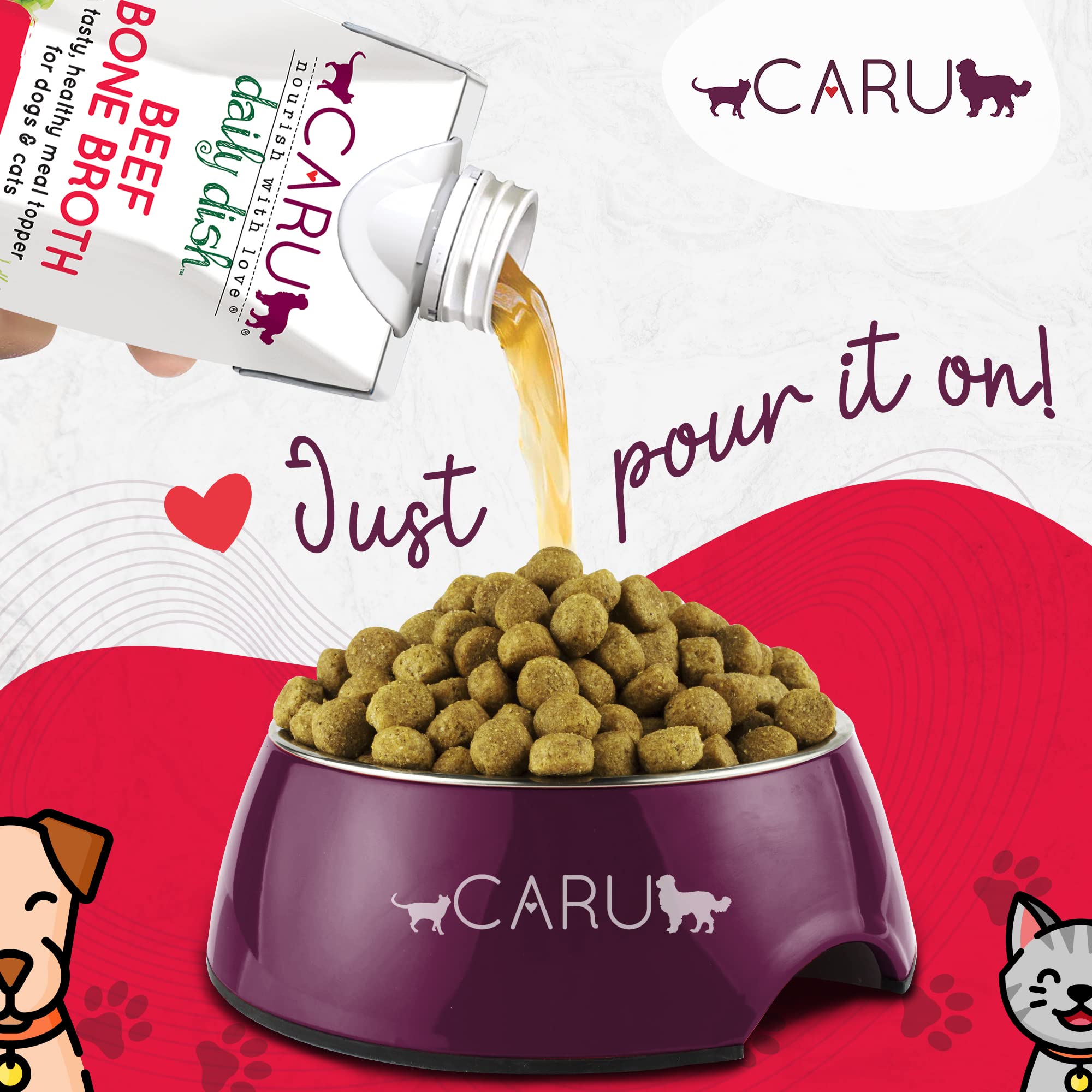 Caru Caldo Diario de Hueso de Res, humecta croquetas para gatos y perros.