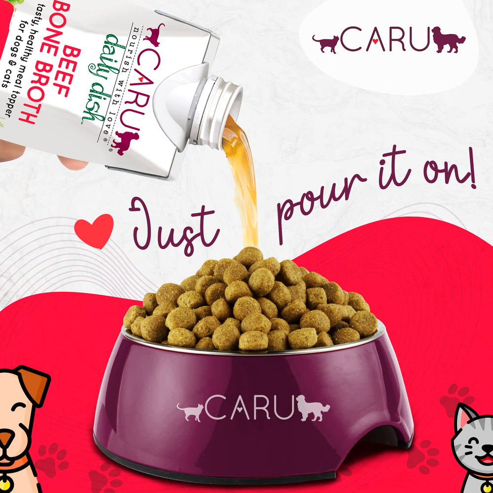 Caru Caldo Diario de Hueso de Res, humecta croquetas para gatos y perros.