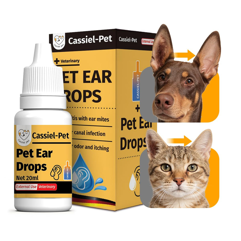 Cassiel Pet Ear Drops bottle front, gentle ear care solution for dogs and cats.