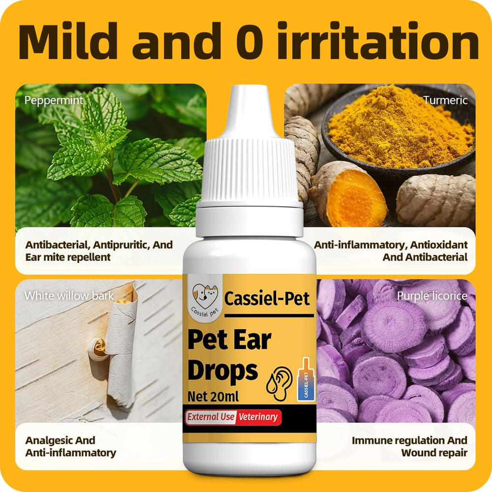 Cassiel Pet Ear Drops ingredients label, highlighting peppermint and turmeric extracts.