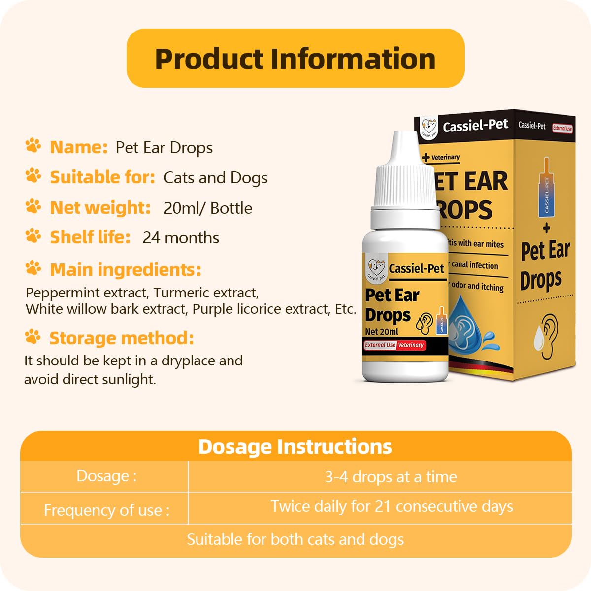 Cassiel Pet Ear Drops store display, convenient ear care for households.