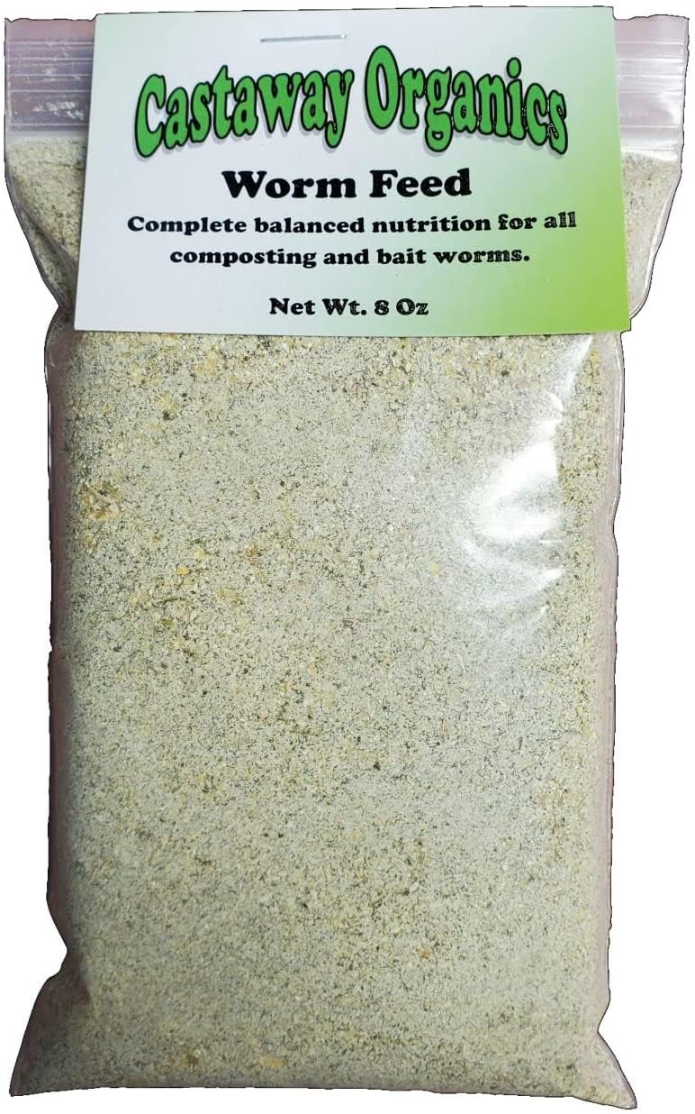 Castaway Organics Alimento para lombrices, envase vertido, nutrición para vermicompostaje exitoso.