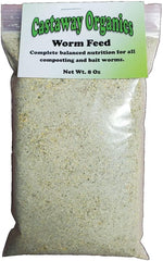 Castaway Organics Alimento para lombrices, envase vertido, nutrición para vermicompostaje exitoso.