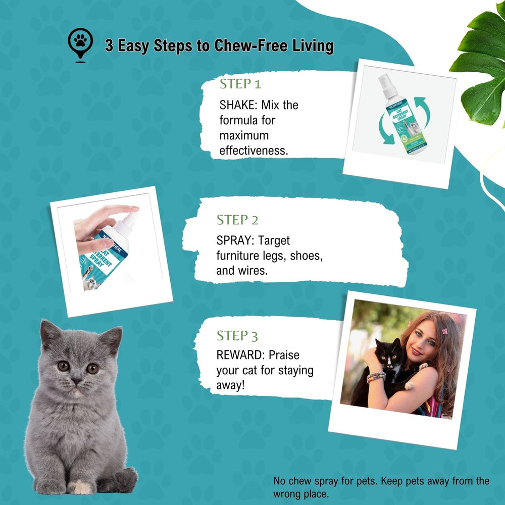 Spray disuasor para gatos con ingredientes naturales y no tóxicos.