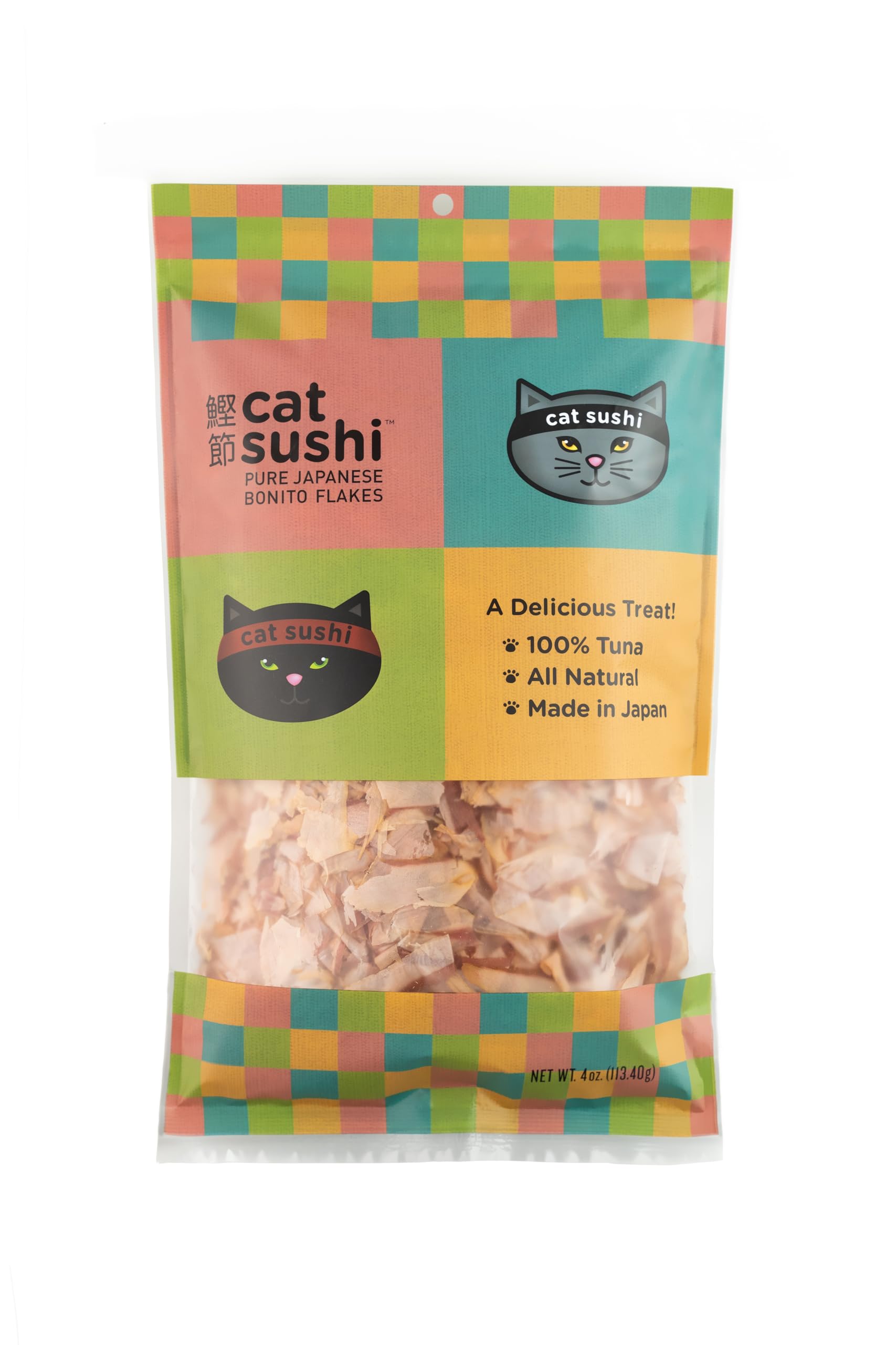 Cat Sushi Bonito Flakes frente del empaque, tentempié saludable para gatos