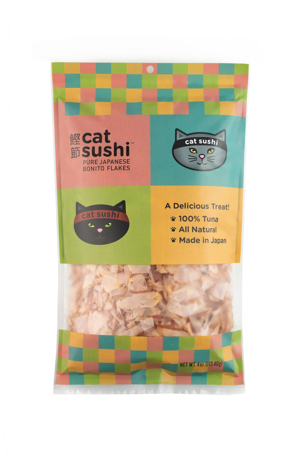 Cat Sushi Bonito Flakes frente del empaque, tentempié saludable para gatos