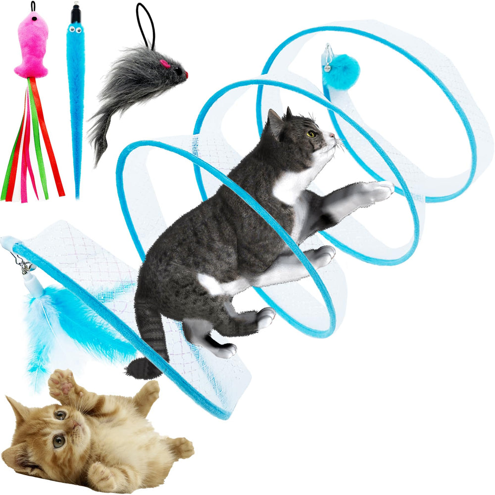 CATENEED tunel espiral azul para gatos, ideal para juego activo en casa.