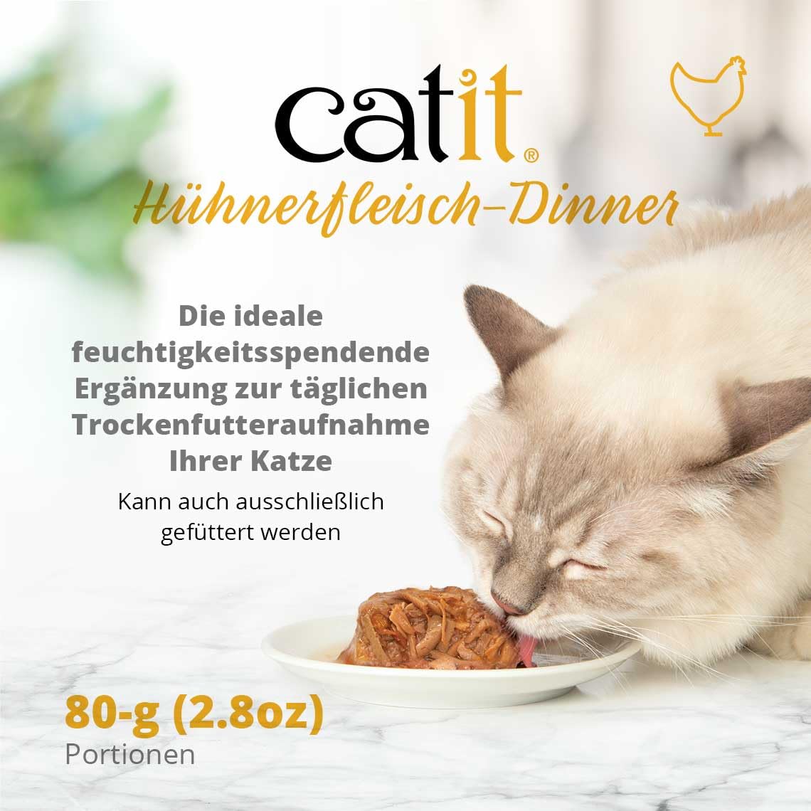 Catit Cena de Pollo con Res y Calabaza, envase diseñado para conservar frescura.