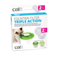 Filtros Catit de acción triple para fuentes de gatos, purifican y suavizan el agua.