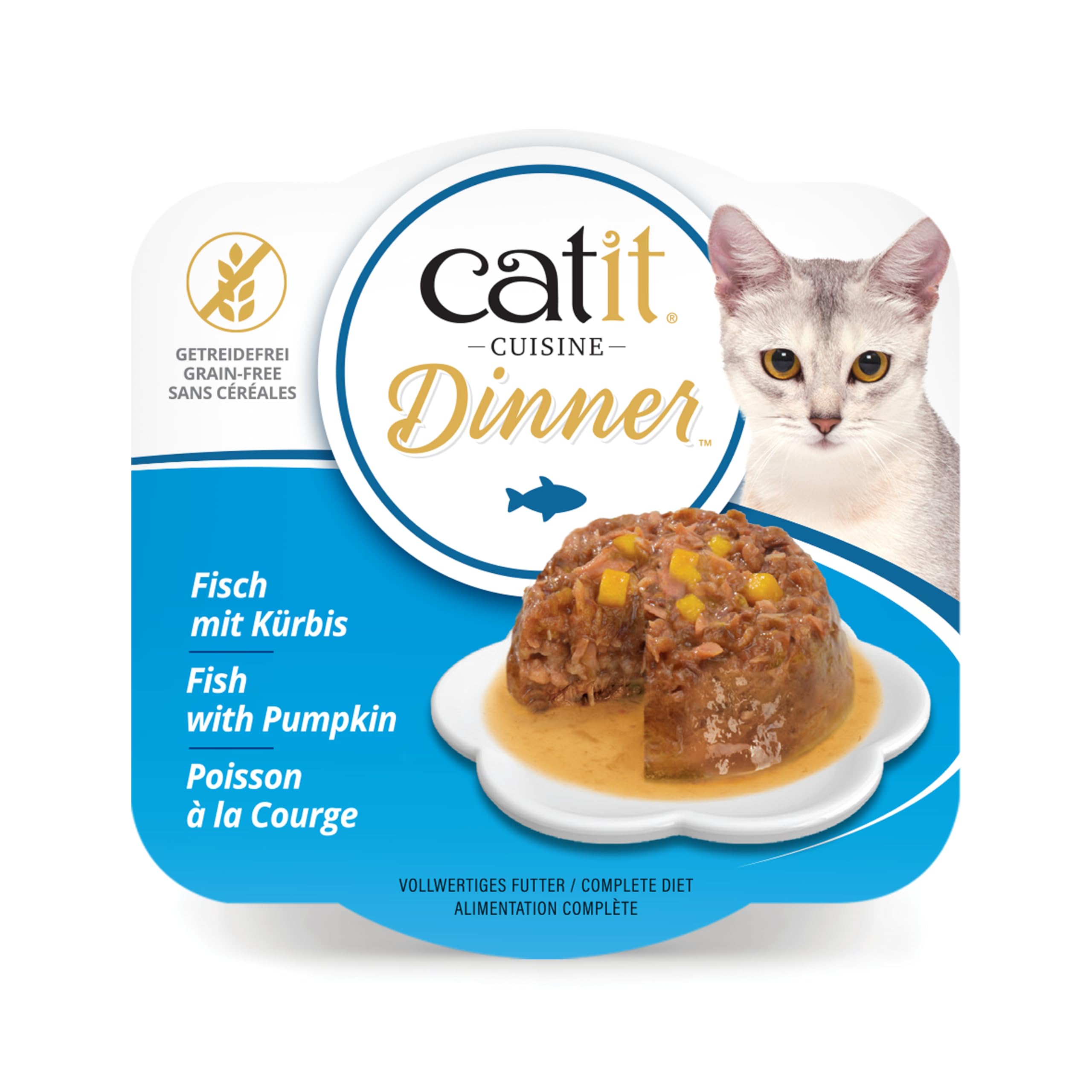 Catit Fish Dinner con pescado blanco y calabaza, textura dual en la presentación.