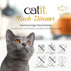Catit Fish Dinner libre de cereales y sin sabores artificiales.