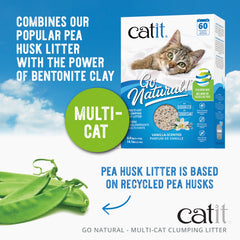 Catit Go Natural: granulos de cáscara de guisante con textura suave para limpieza fácil.